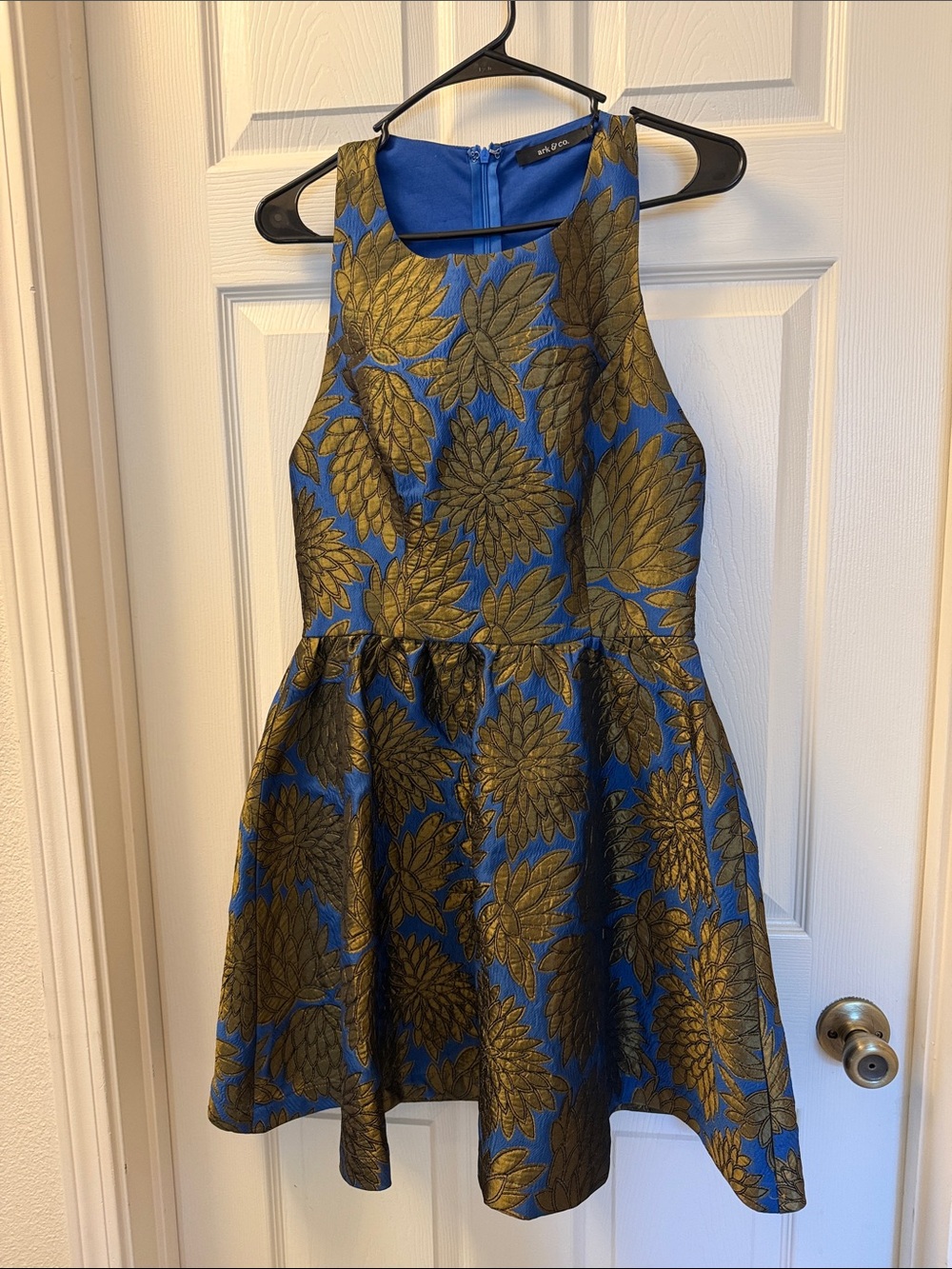 Ark & Co Royal Blue and Metallic Gold Floral Fit-and-Flare Dress